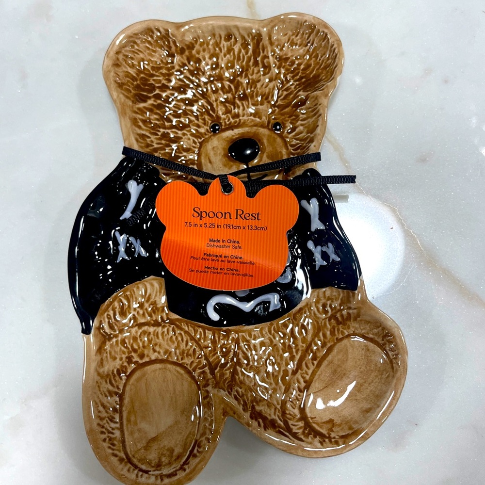 Halloween Teddy Bear Skeleton Costume Ceramic Spoon rest Trinket Tray  NWT